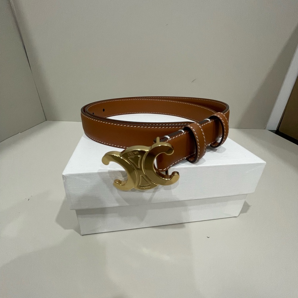 Celine Triomphe Tan Leather Belt with Gold Buckle